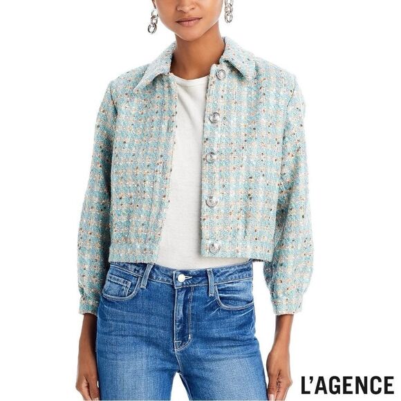 L'AGENCE **NWT** Bridges Cropped Neutral / Sage Multi Tweed Jacket - Picture 2 of 15